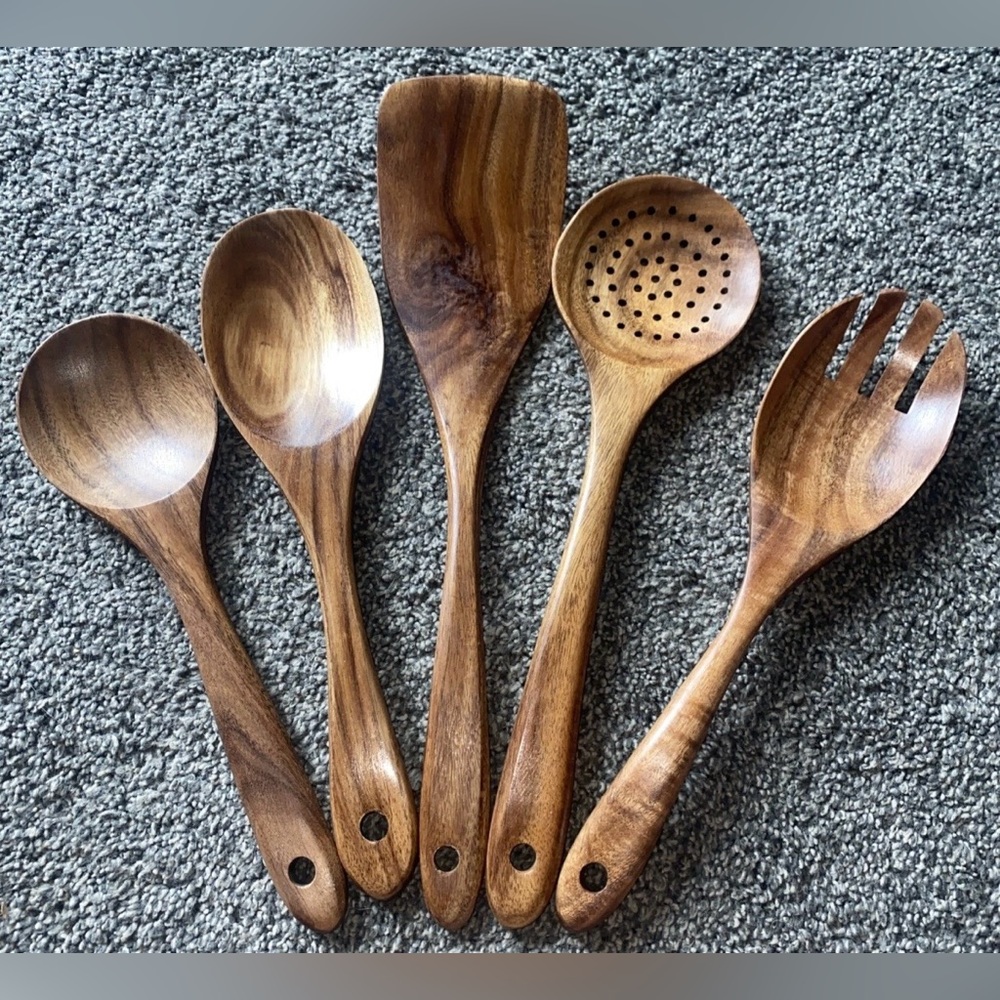 Zulay Teak Wooden Kitchen Utensil Set - 5 Piece Dark Wood